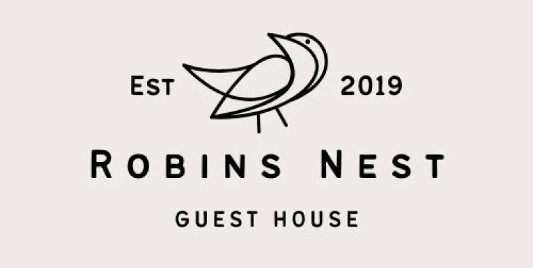 A line illustration of a bird surrounded with the text 'Est 2019 Robins Nest Guest House'.