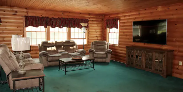 A great room with green carpet and wood paneled walls.