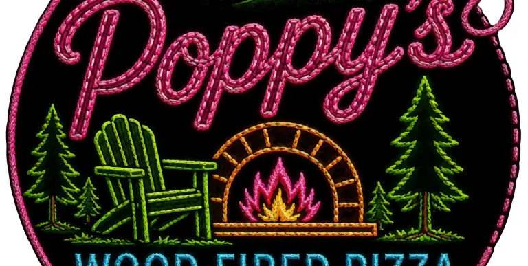 A logo to look like a patch with stitched letters for Poppy's Wood Fired Pizza Tupper Lake with a pizza oven in the center.